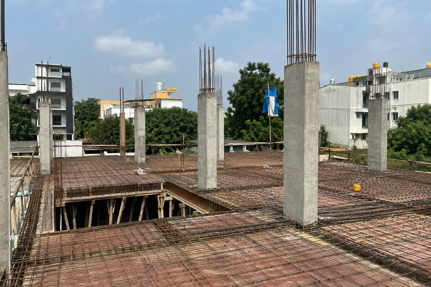 RCC slab and column work in progress on a residential site in Bangalore