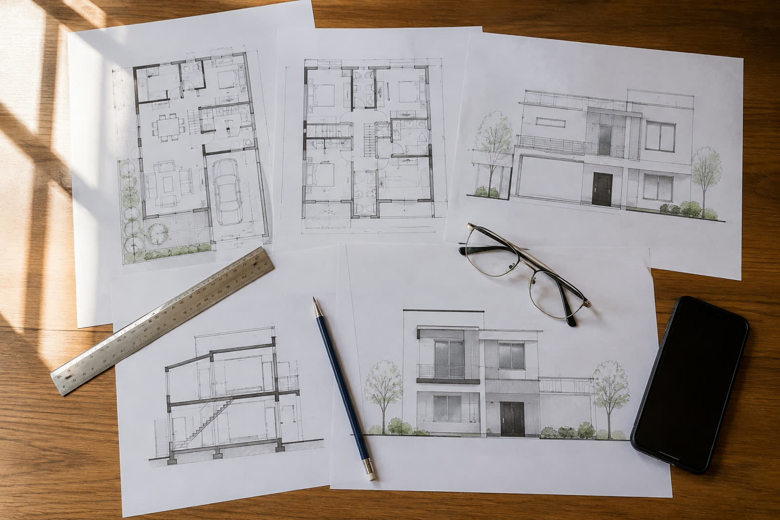 Approved BBMP building plan drawings and property documents for a Bangalore house construction project