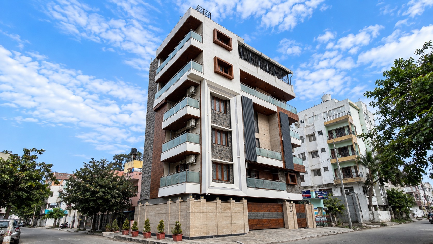 Completed corner residential building exterior by Wasat Constructions